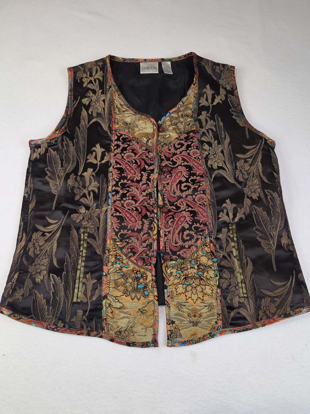 Chico's Silk Blend Brocade Vest Women's 1 (M) Black Paisley Floral Beaded Boho